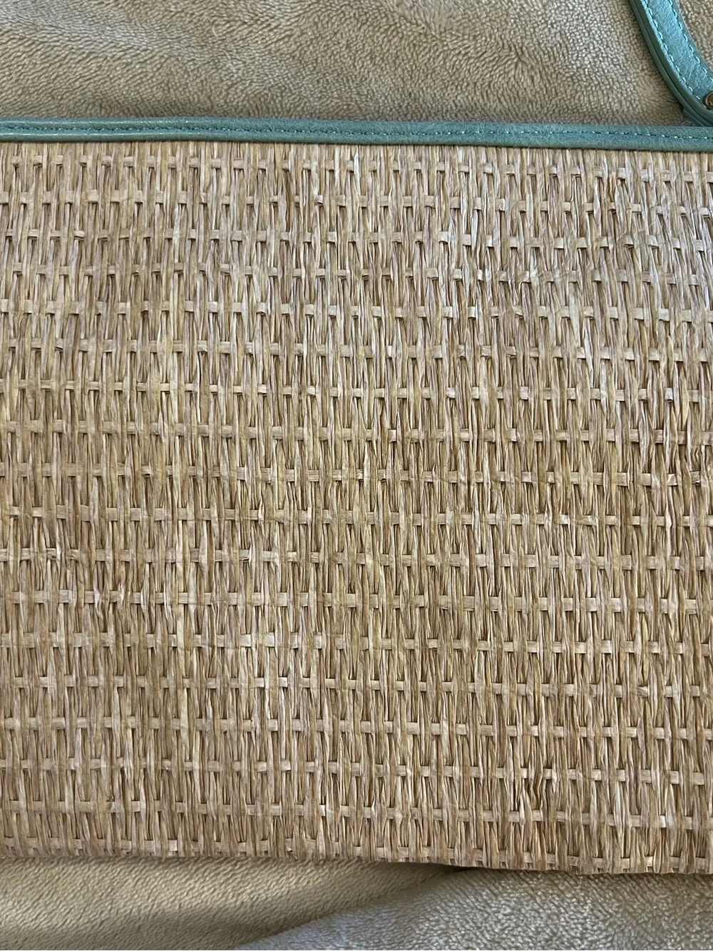Aloha Straw Pom Pom Zip Pouch in Teal and Natural Clutch